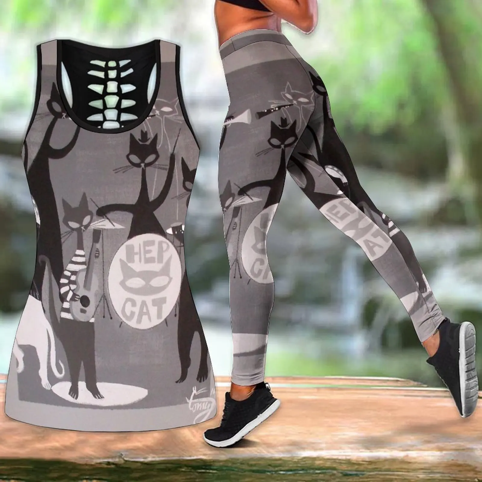 

Women's Summer New Jazz Cats Mid Century Cat Print Yoga Outfit Hollow Out Tank Top Leggings Yoga Pants Set