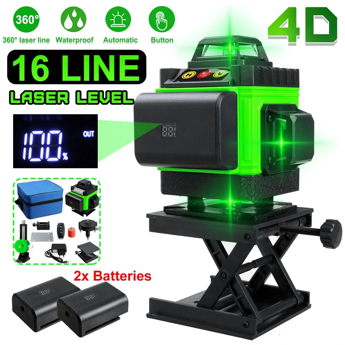 US Plug 16 Lines 4D Laser Level, Green Laser Line, Self Leveling