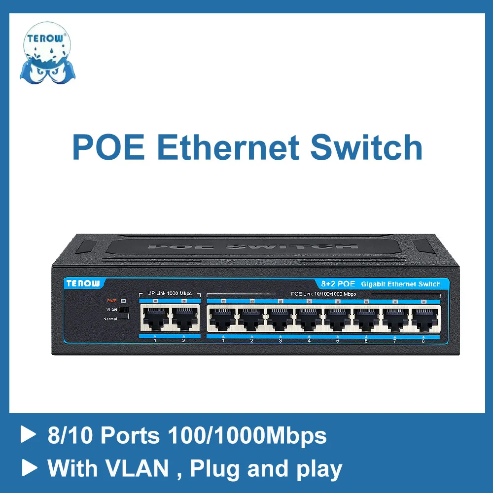 

Коммутатор TEROW POE гигабитный, 10 портов, 1000 Мбит/с
