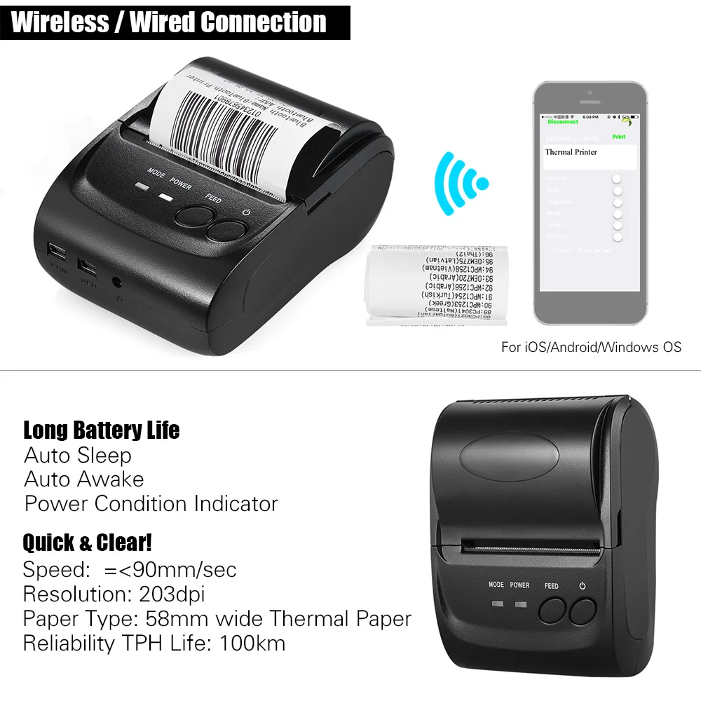 【Sale】POS-5802DD Mini Portable Wireless USB Thermal Printer Receipt Ticket POS Printing for IOS Android  retail