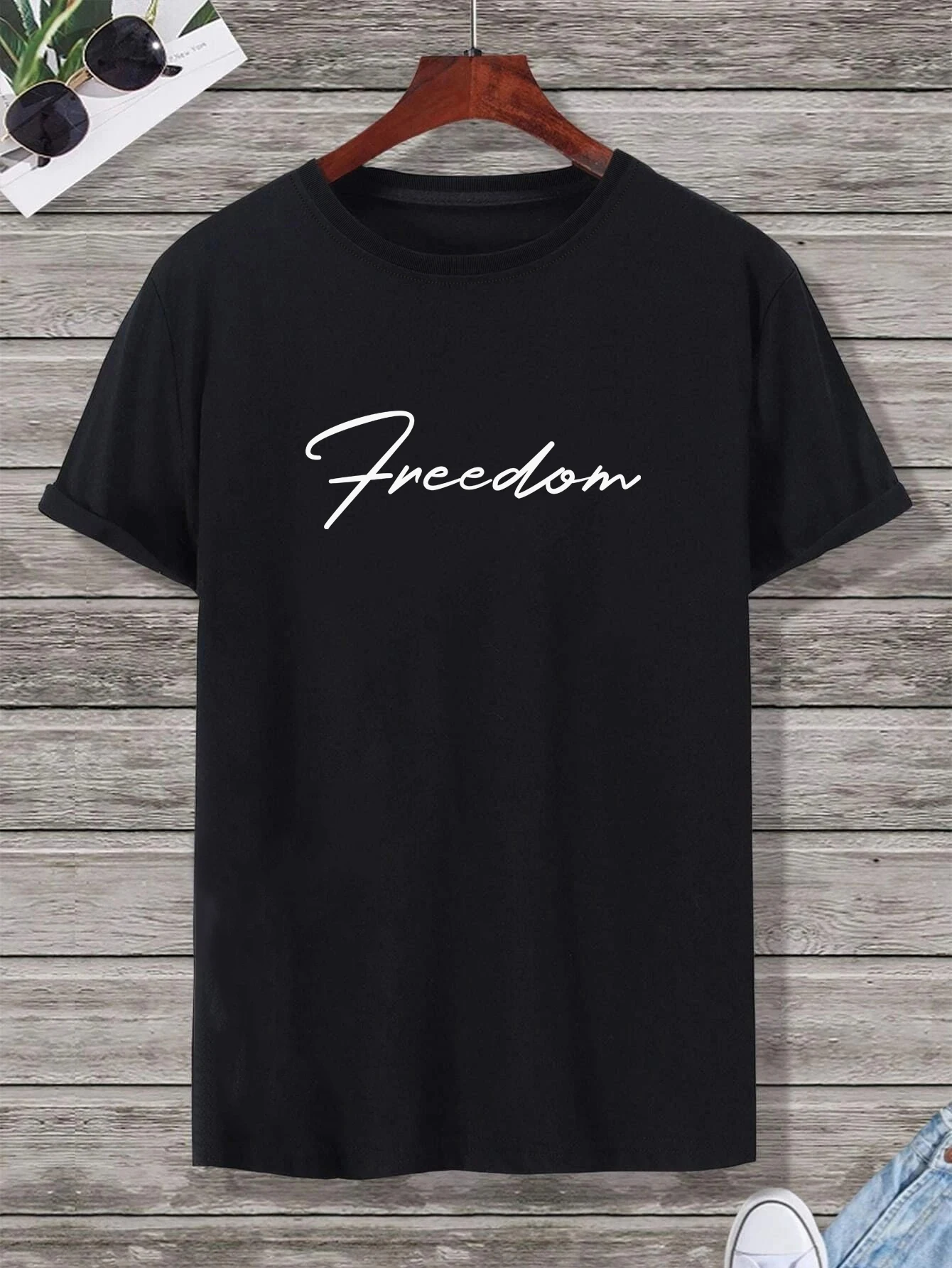 'Freedom' Print T-Shirt for Men's Casual Crew Neck Short-Sleeve Fashion Summer T-Shirts Tops, Regular and Oversize Tees_voghion.com