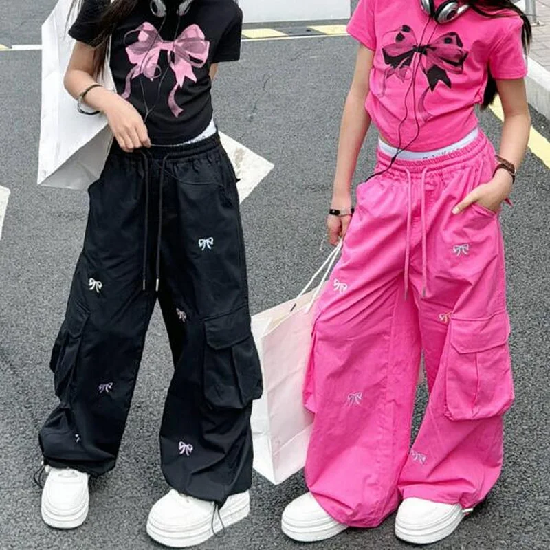 السراويل البضائع الموضة الكورية للأطفال مع القوس طباعة سريعة الجافة بناطيل كاجوال للفتيات الربيع الصيف جديد وصول Sweatpants