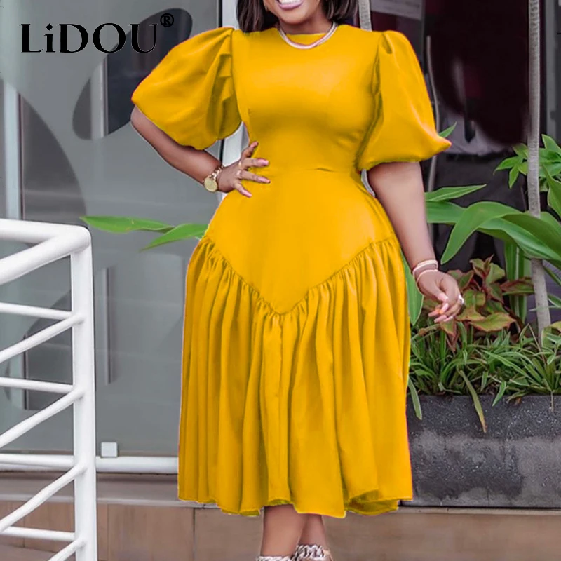 

Autumn Winter Solid Fashion Elegant Plus Size Mid-calf Dress Women Pleated Half Puff Sleeve Oversized Chic Vestidos De Fiesta