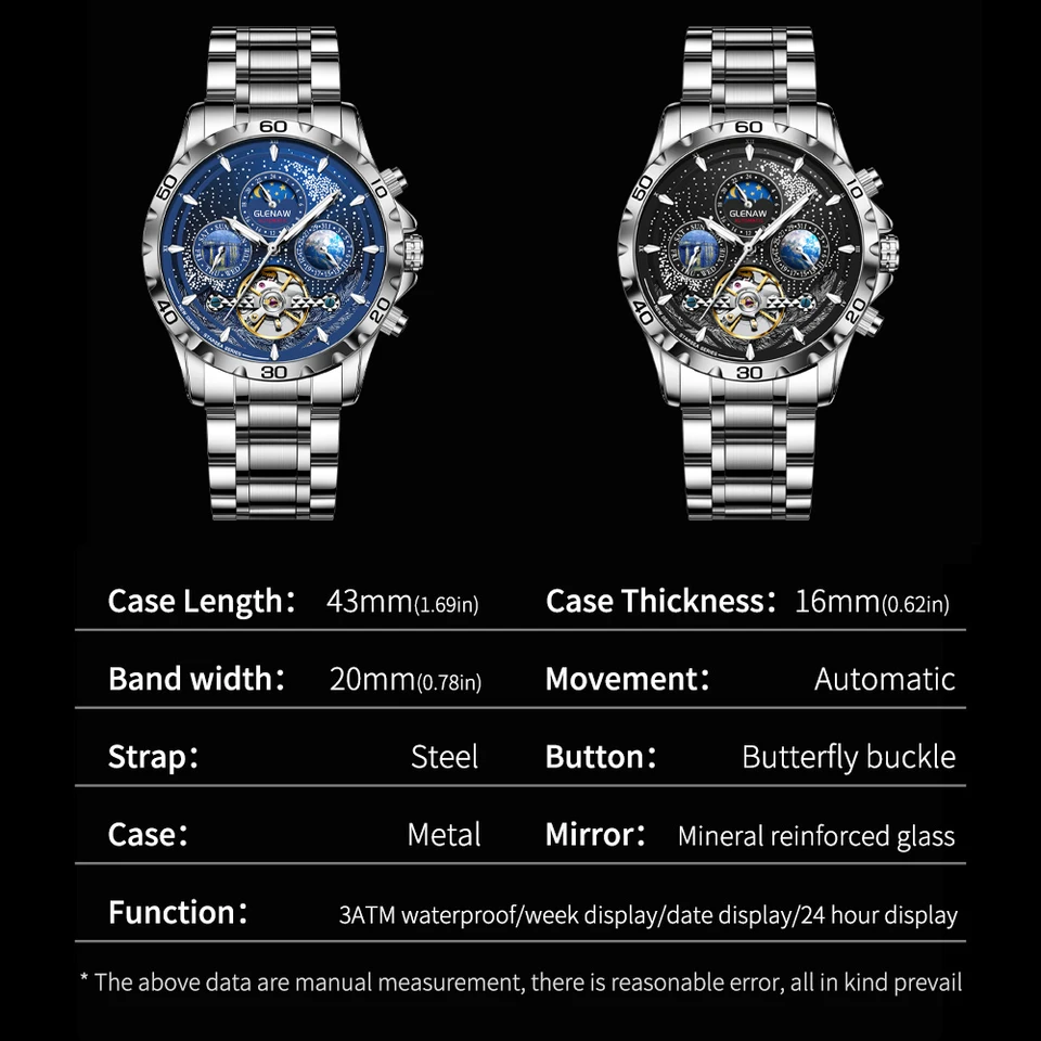 GLENAW Orologio Automatico Uomo Scheletrato Lusso, Meccanico A Carica Manuale/Automatica, Cinturino In Acciaio, Impermeabile 3 ATM, Luminoso