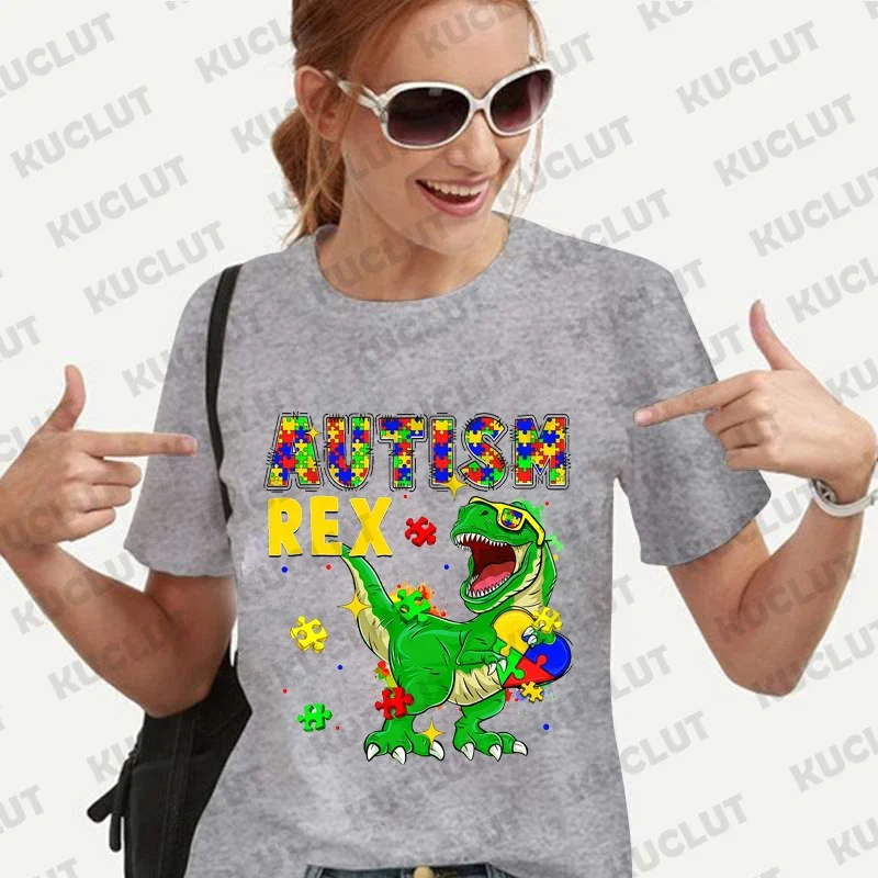 thumbnail image 1 of Camiseta de autismo Rex, camisetas del mes de concientización sobre el autismo, camisetas de dinosaurios, camisetas de manga corta rosa para mujer, camisetas unisex Y2k, ropa para mujer, 1 of 4