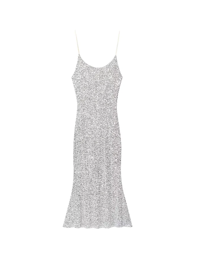 Summer New Women Glitter Sequins Long Dress Fashion Clubwear Sexy Backless Bodycon Strap Midi Dress Elegant Chic Party Clothing