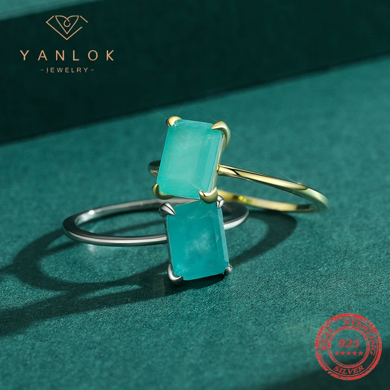 Silver Ring Gemstone Ring YANLOK Luxury Paraiba Tourmaline Ring 925 Sterling Silver Radiant Cut Finger Rings For Women Sterling Silver Fine Jewelry