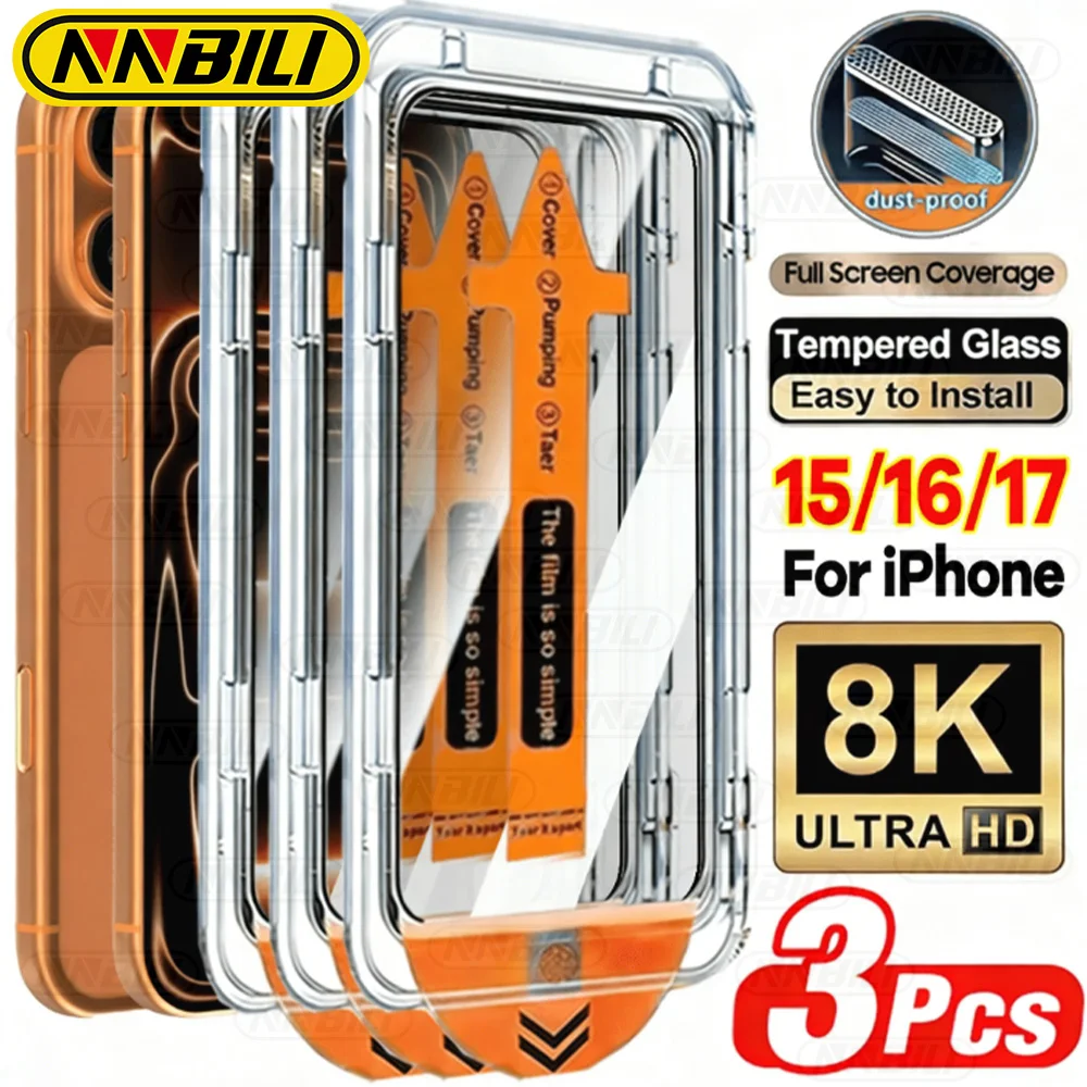 NNBILI Lot de 3 protections d'écran en verre anti-poussière à revêtement oléophobe, installation facile, pour iPhone 17 Pro Max Pro 17e