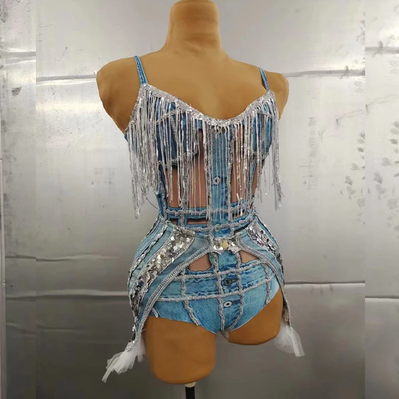 

Women Sexy Stage Sparkly Silver Sequins Fringes Blue Leotard Outfit Birthday Celebrate Dance Costume Prom Party Show Bodysuit