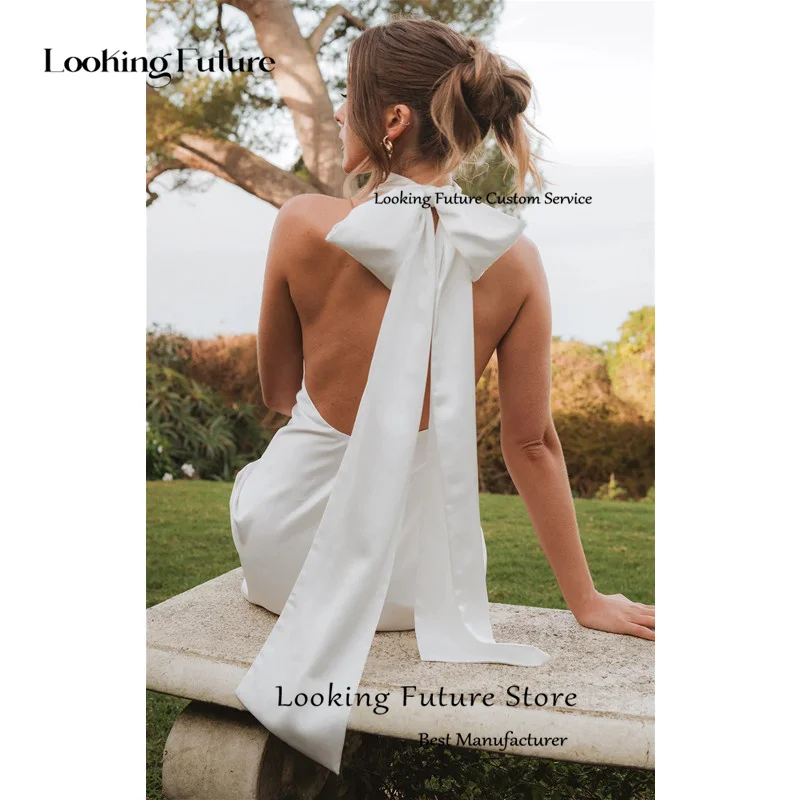 Simple Satin White Sheath Mini Wedding Dress 2025 Sexy Sleeveless High Neck Pleat Bow Elegant Backless Short Gowns Customized 17 S4035aab36e41476c9ffd6e81c2a58e94y