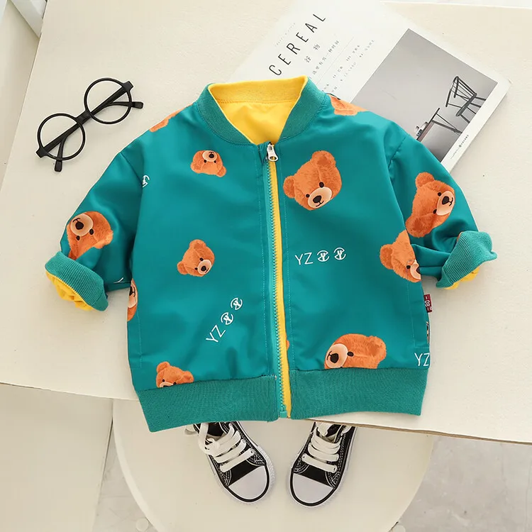 Kids Baby Boys Outerwears Spring Autumn Cartoon Bear Reversible Cotton Toddler Boys Coat Zipper Children Jacket