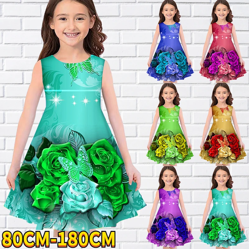 

Kids Little Girls Sleeveless Dress Girls Dress 3D Kids Floral Print Daily Casual Cute Sweet Over Knee Sleeveless Dress 80-180CM