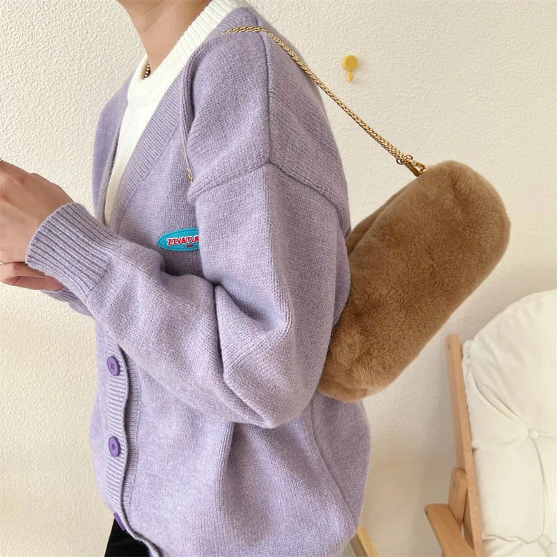 Women's New Crossbody Bag Retro Senior Sense Rex Rabbit Hair Cylinder Bag Fashion Chain One Shoulder Bag Charm Women's Bag