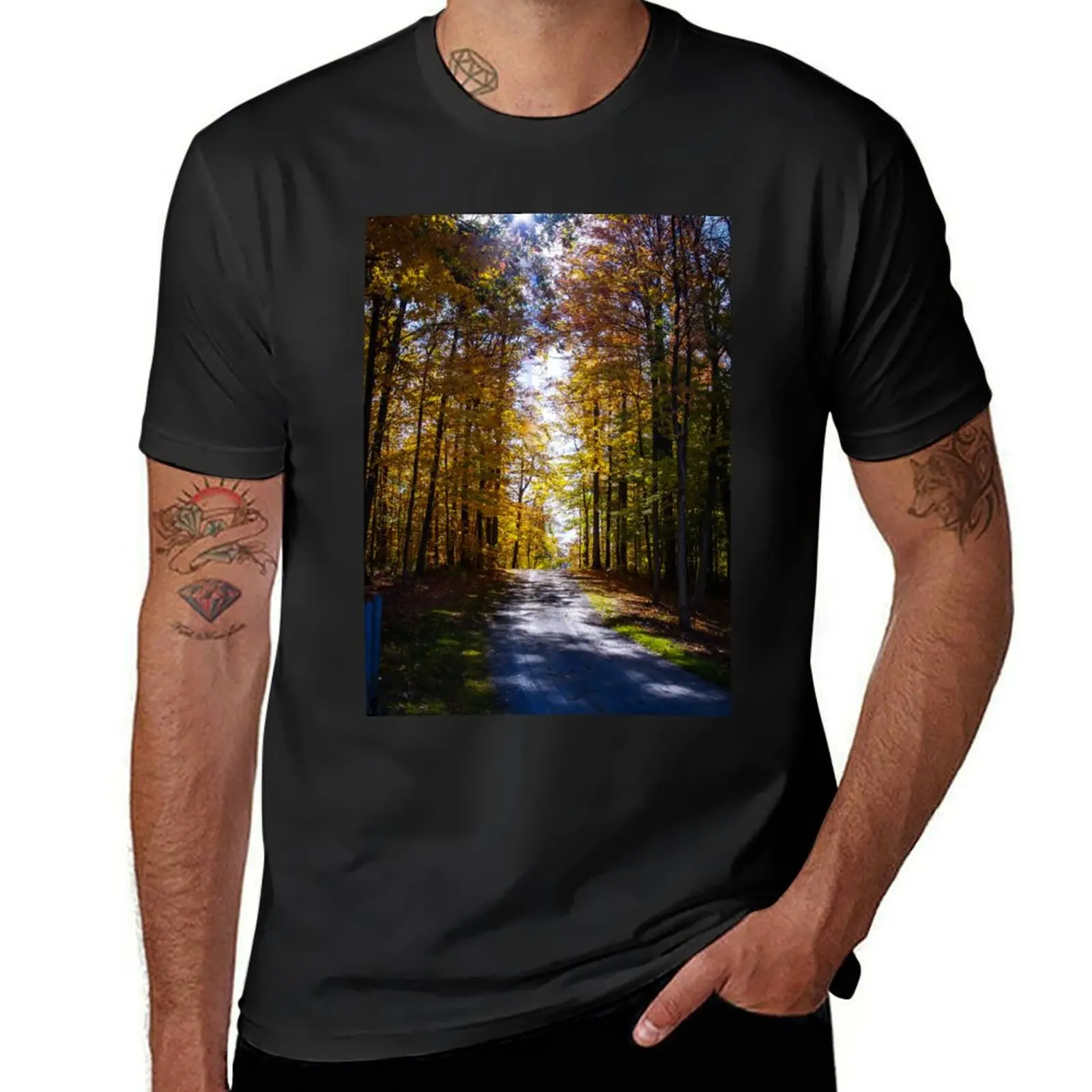 

Sunny Fall Road T-Shirt summer top anime funnys plain black t shirts men