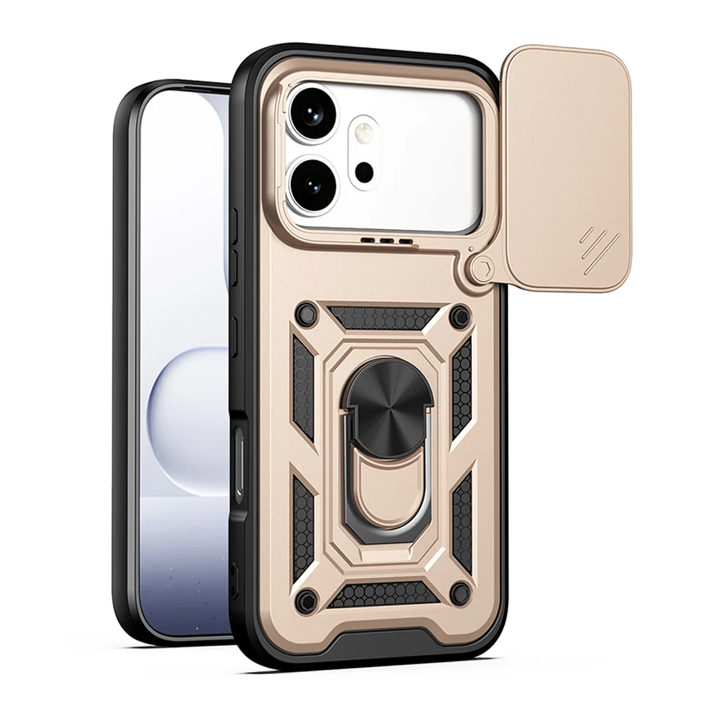 Shockproof Slide Camera Cover with Ring Stand Holder - Protective Phone Case
