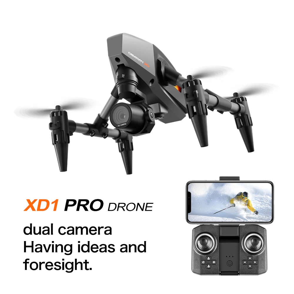 Vue rapprochée du Drone XD-1 Noir avec Caméra 4K/8K, hélices dépliées et détails du châssis robuste.