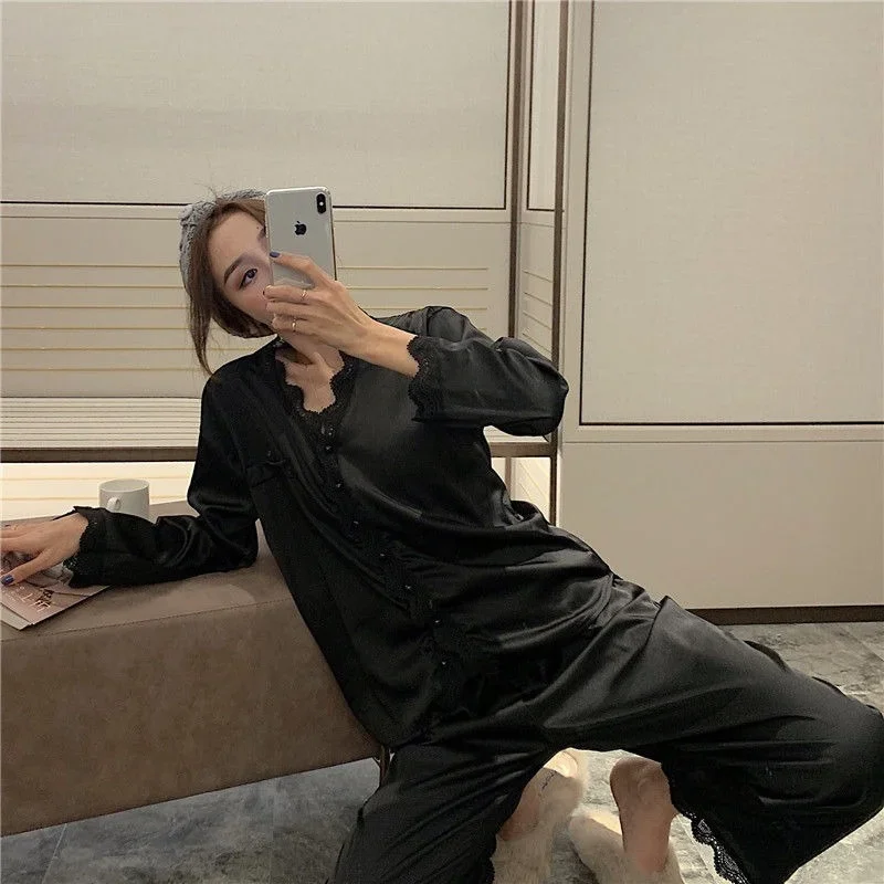 2 Pcs/Set Home Suit Pajamas for Women Sleepwear Female Long Sleeve Trousers Satin Silk Nightwear Suit Pijamas Pajama Set Women