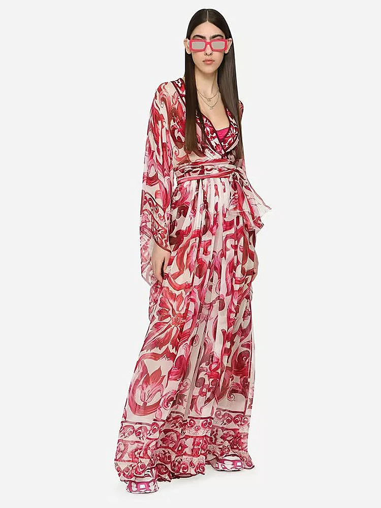 

Fashion Women'S New Summer High Quality Printi Bohemian Belt Loose Chiffon Casual Beach Holiday Sexy Elegant Super Maxi Dress