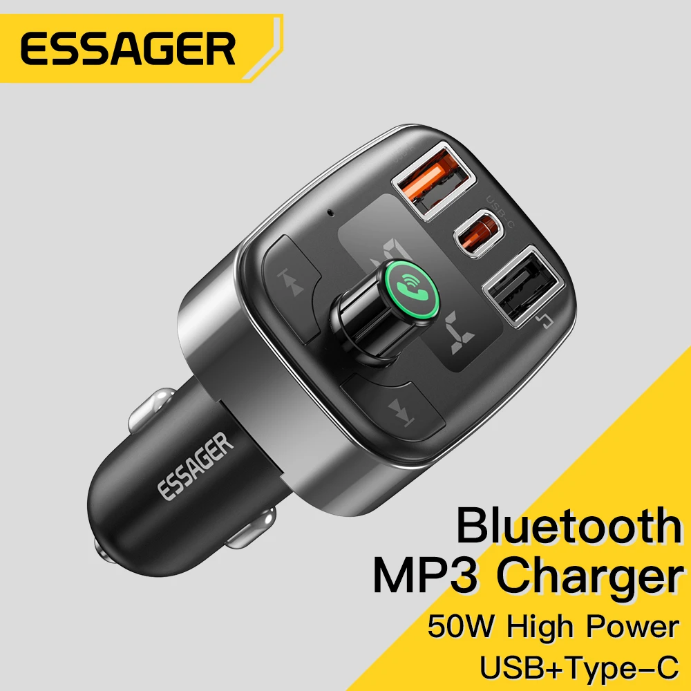  Essager 50W USB Car Charger Bluetooth 5.0 FM Transmitter Wireless Handsfree Car Kit For IPhone 14 Dual USB Fast Charge Charger 