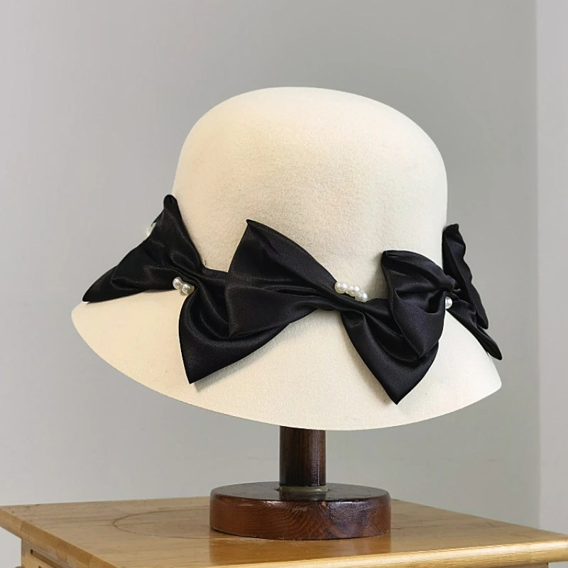 

High quality Japanese wool pearl bow Fisherman hat Delicate elegant temperament Hepburn style wool hat fashion felt hat