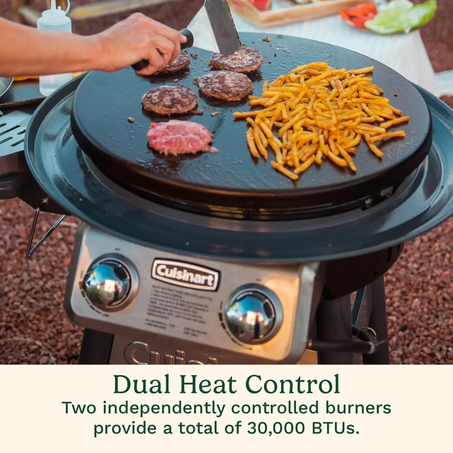 NEW-360° Griddle Outdoor Cooking Center, 22” Round Flat Top Grill with Stainless Steel Vented Lid, Folding Prep Table, 30,000 BT