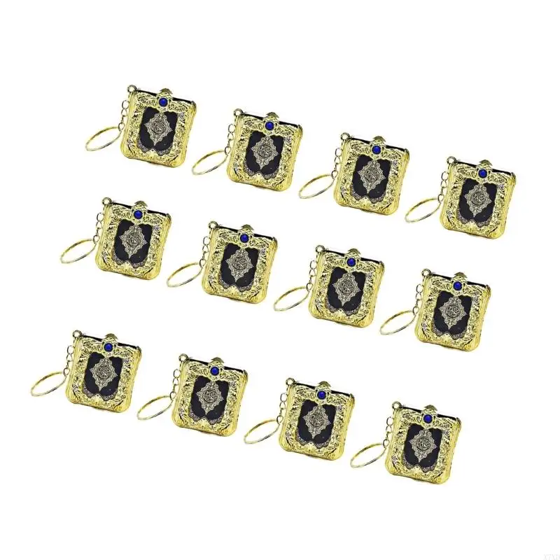 X7XD 12Pcs Gold/Silver Quran Hanging Ornaments Pendants Intricate Made Mini Keychains With Random Color Gemstones