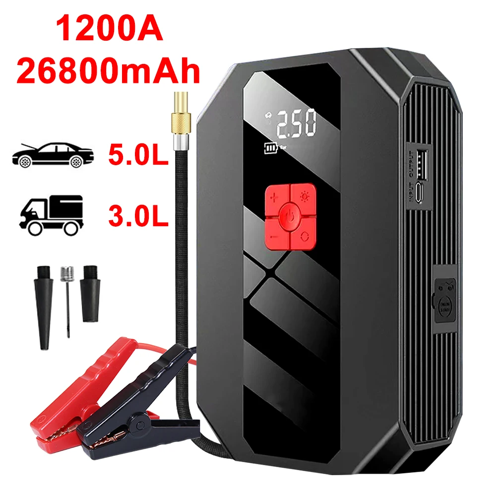 1200A Car Jump Starter Air Pump Portable Air Compressor Multi-function Tire Inflator Auto Battery Starter With Bag