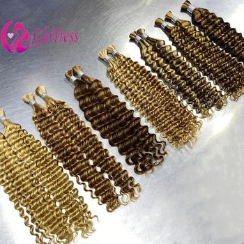 Human Braiding Hair for Boho Braids 50g/Pack Highlight Deep Wave Bulk Human Hair 4/27 Ombre Knotless Braiding Hair Extensions 1