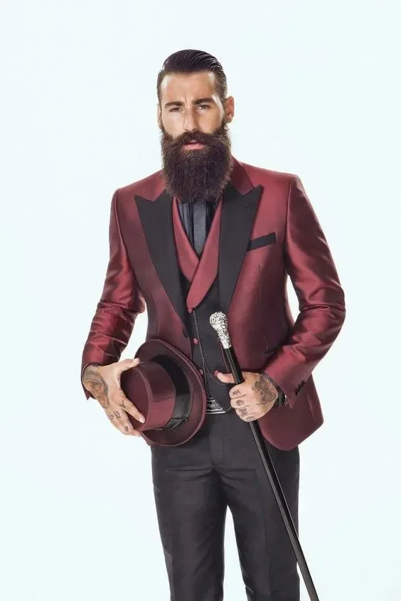 

Burgundy Satin Men Suit Slim Fit 3 Piece Tuxedo Italian Custom Blazer Sets Groom Prom Terno Masculino Black Pants Costume Homme