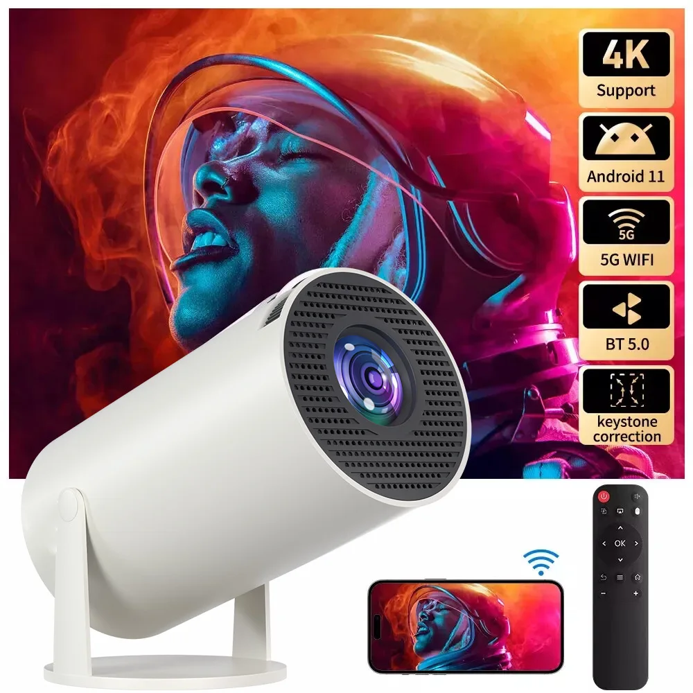 HY300 미니 휴대용 4K 프로젝터, 듀얼 WiFi 안드로이드 11.0 스마트 홈시어터 (160 루멘)