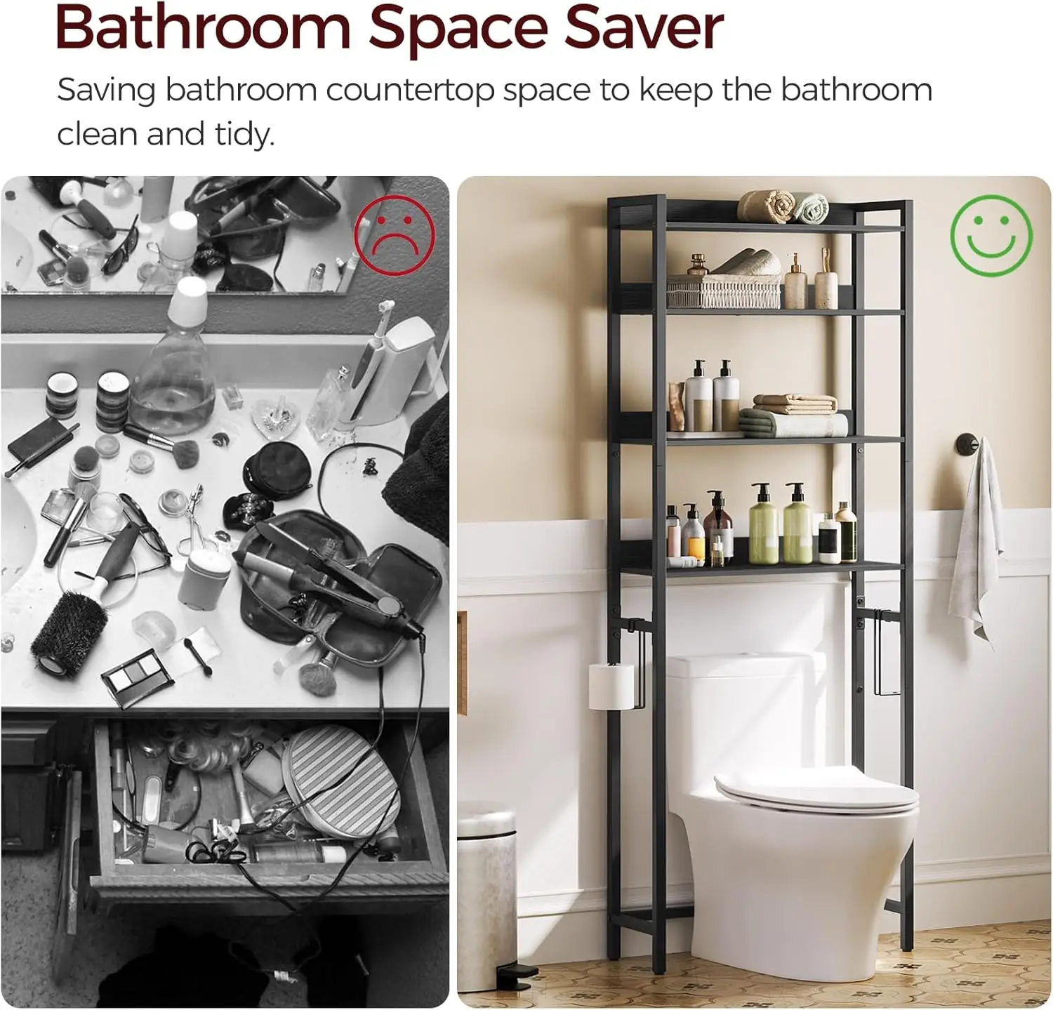 Over Toilet Storage Rack. 4 Tier Organizer. Freestanding, 2 Hooks. Easy Assembly. Black. TSHB0401