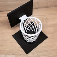 3D Printed Basketball Hoop Pen Holder, Desktop Stationery Organizer with Black Base & White Mesh, Space-Saving Office Desk Decor 4