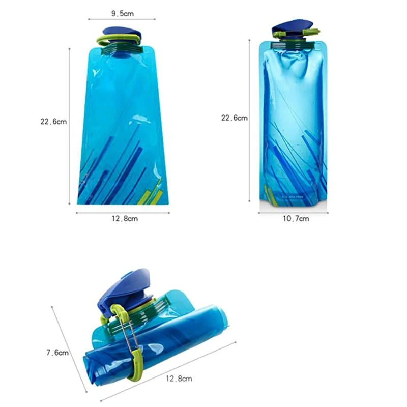 Water Bottle Foldable Flexible Reusable Travel Plastic Pouch Soft Flask Bag Carabiner Clip