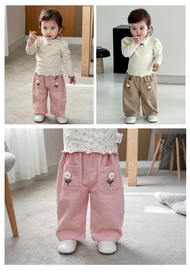 Description Picture 5 of itemGirls' Flower Straight Leg Pants 2025 New Autumn Baby Korean Embroidered Casual Pants Children's Stylish Autumn Pants