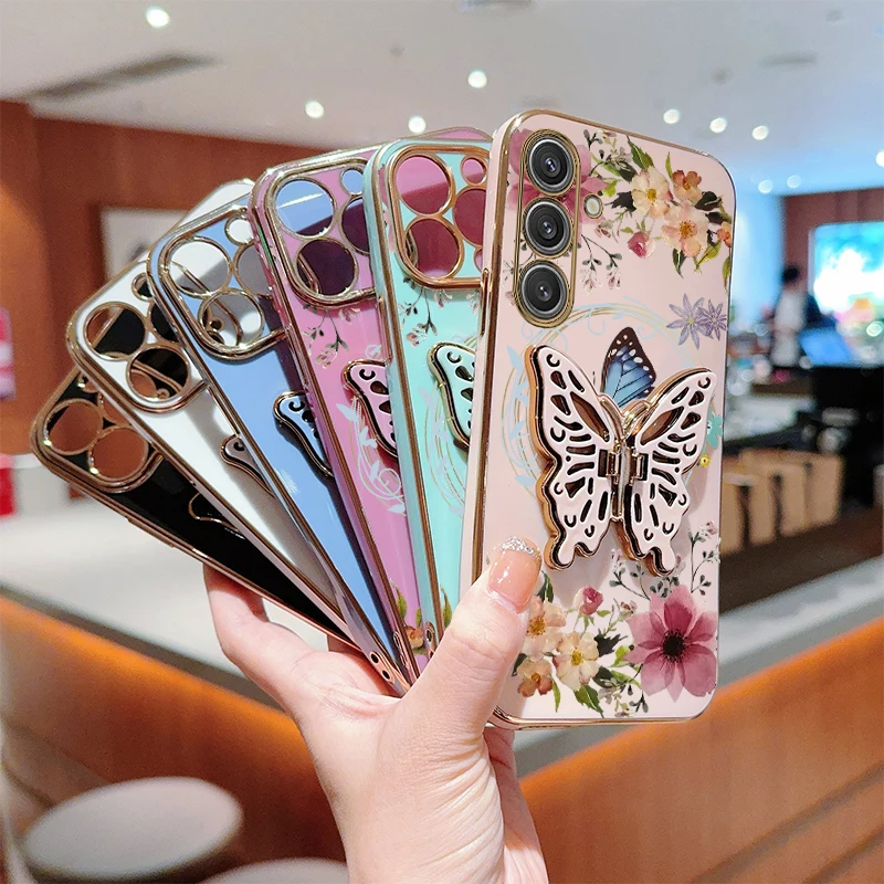Elegant Flower Butterfly Plating Phone Case with Holder