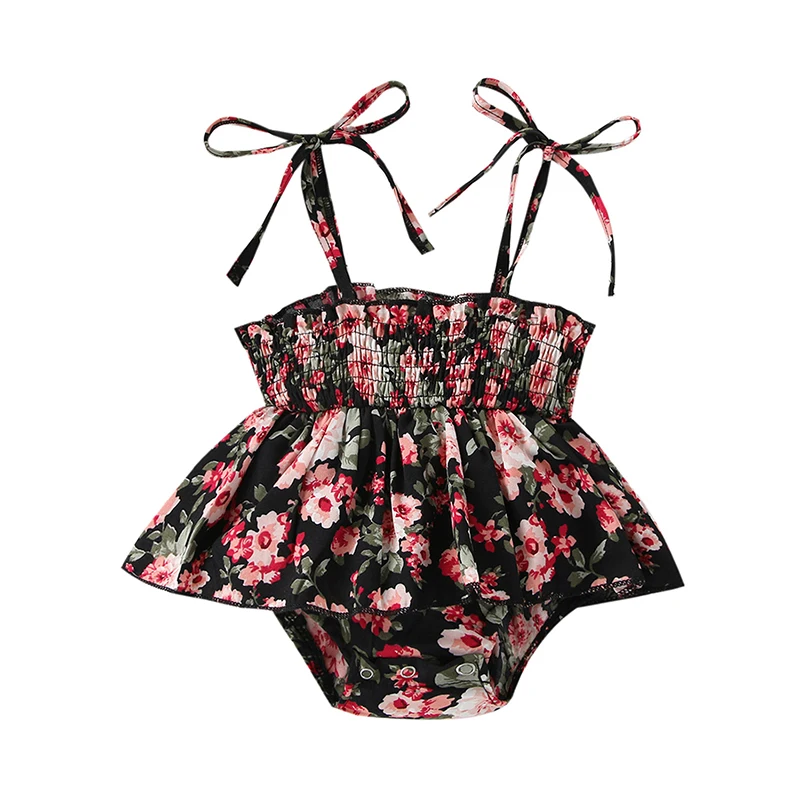 Baby Bodysuits are cool Sweet Summer Newborn Baby Girls Casual Rompers Floral Print Tie-up Sleeveless Elastic Jumpsuits Skirts Holiday Beach Outfits Baby Bodysuits for boy Baby Rompers