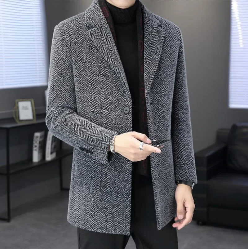

Men's fashion Gentleman handsome trend woolen coat autumn and winter solid color warm thick windproof woolen coat