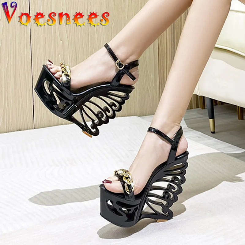 

Fashion Metal Decoration Chains Party Women's Pumps Sexy Hollow Platforms Wedge Heels Sandals 14.5CM Models Summer Woman Shoe