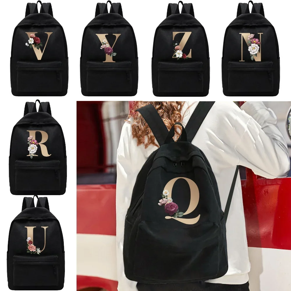 

New Women's Casual Shoulder Backpacks Commute Backpack for Teen Girls School Bookbag Gold Letter Print Men Sport Canvas Knapsack