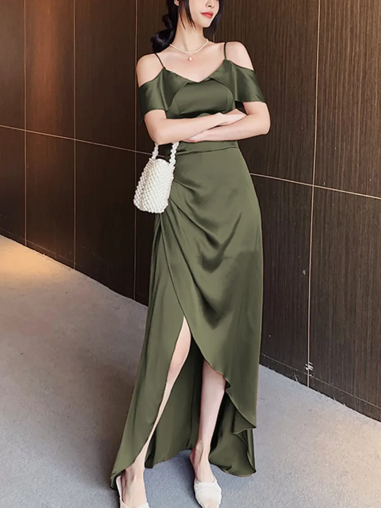 French Simple Halter Slash Neck Bridesmaid Dress Satin Slim Waist Design Cross Lace Up Vestidos Chic Spliced Split Evening Dress