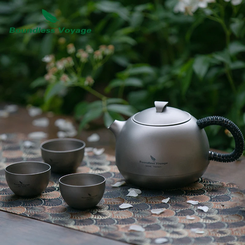 Boundless Voyage 380ml Titanium Tea Kettle with Filter +3pcs 25ml Cups Ultralight Outdoor Teapot Set Camping Coffee Tea Maker