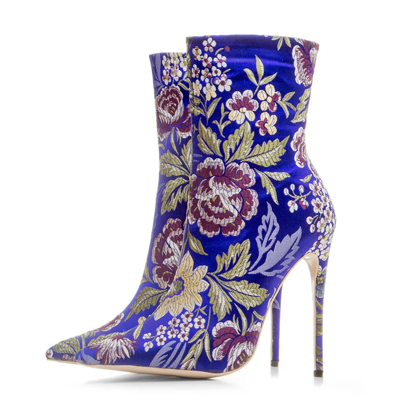 

Unique Design Satin Women Boots Pointed Toe Ankle Wrap Cover Shoes Embroidered Comfort Heels Famous Brand Design Ladies Pumps