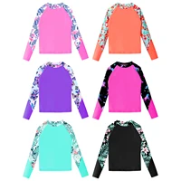 Kids Girls Print Swim Top Mock Neck Long Sleeve Swimsuit UPF50+ Rash Guard T-shirt Top Pool Beach Bathing Suit Children Swimwear 1