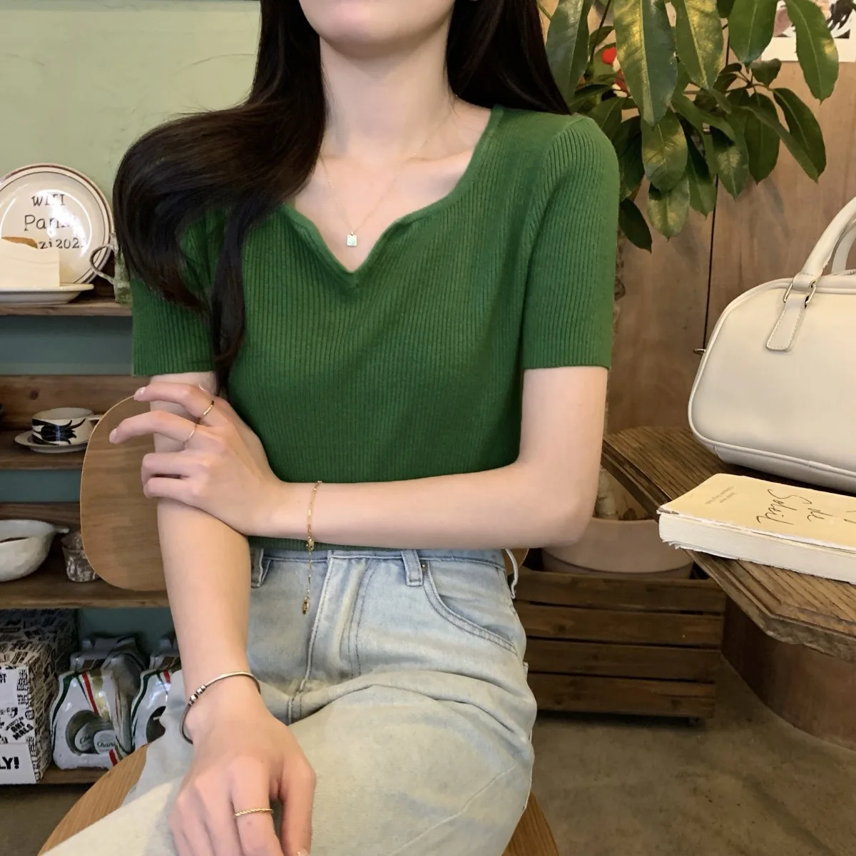 Women Summer Short Sleeve Knitted T Shirt Slim Fit Solid Color