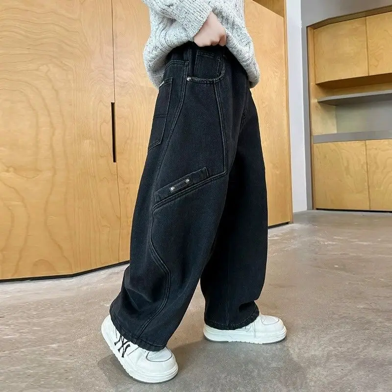 2025 New Boys' Casual Jeans for Kids 6-12 Years Old Autumn Streetwear Jeans with Rips and Rivets, Comfortable Stretchy Fabric