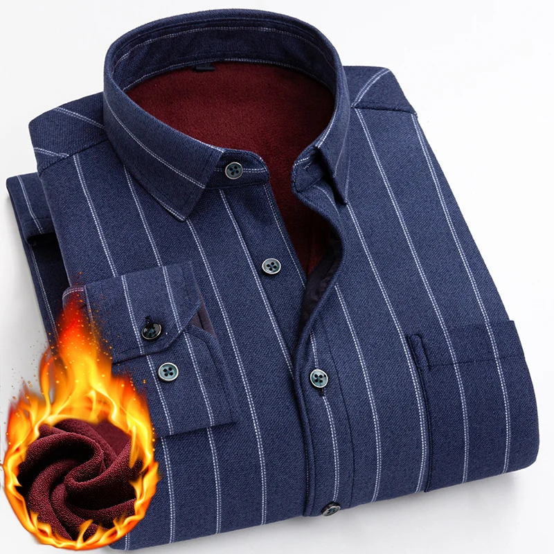 Winter Warm Fleece Long-sleeved Shirt Men's Classic Striped Plaid Printed Business Casual Party Dress Thick Plush Velvet Shirts