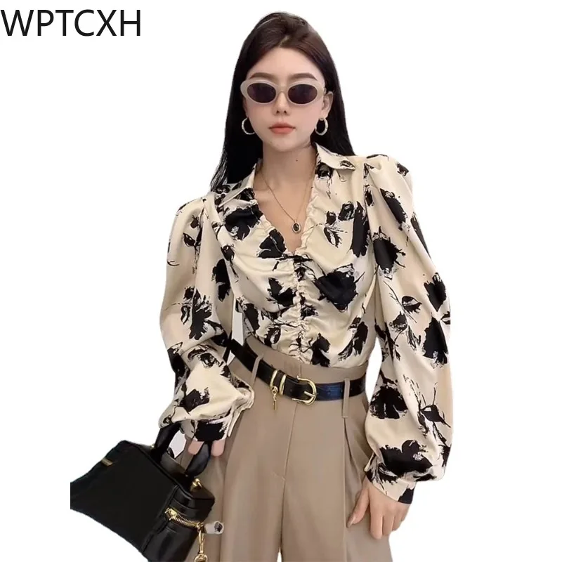 

Printing Drawstring Fold Shirts Women Spring Tops Korean Fashion Clothes Streetwear V-neck Slim All-match Long Sleeve Blouse New