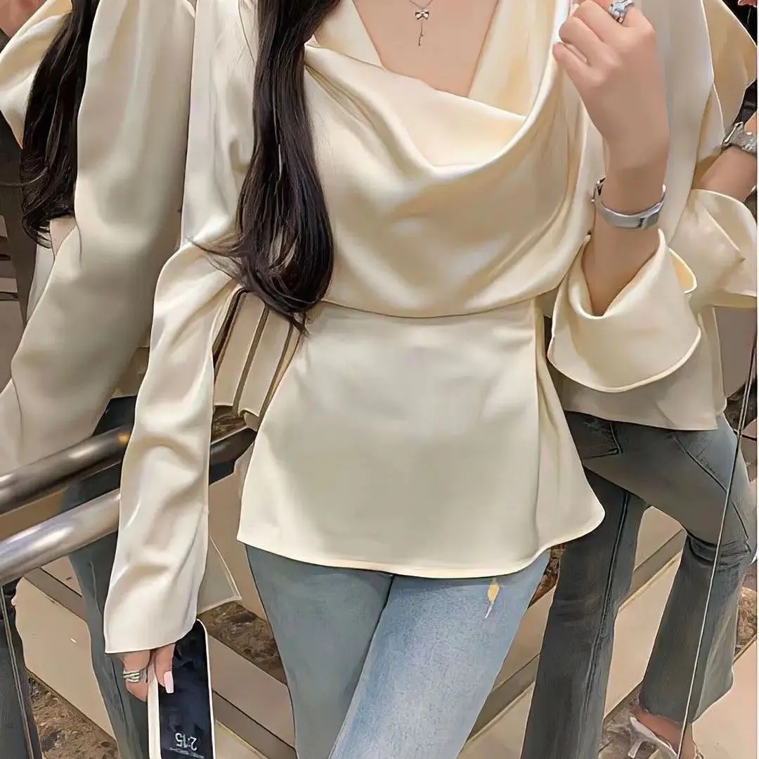 2024 New Women's High End Irregular Neckline Stacked Flare Sleeves Waist Tie Up for Slimming Style Satin Long Sleeved Shirt