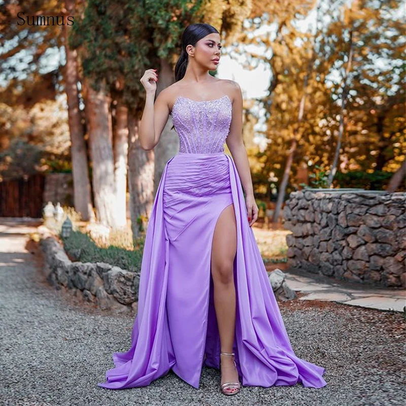 

Sumnus Lilac Elegant Evening Dresses Mermaid Stain Strapless High Slit Beading Glitter Vestidos De Noche Dresses For Women 2022