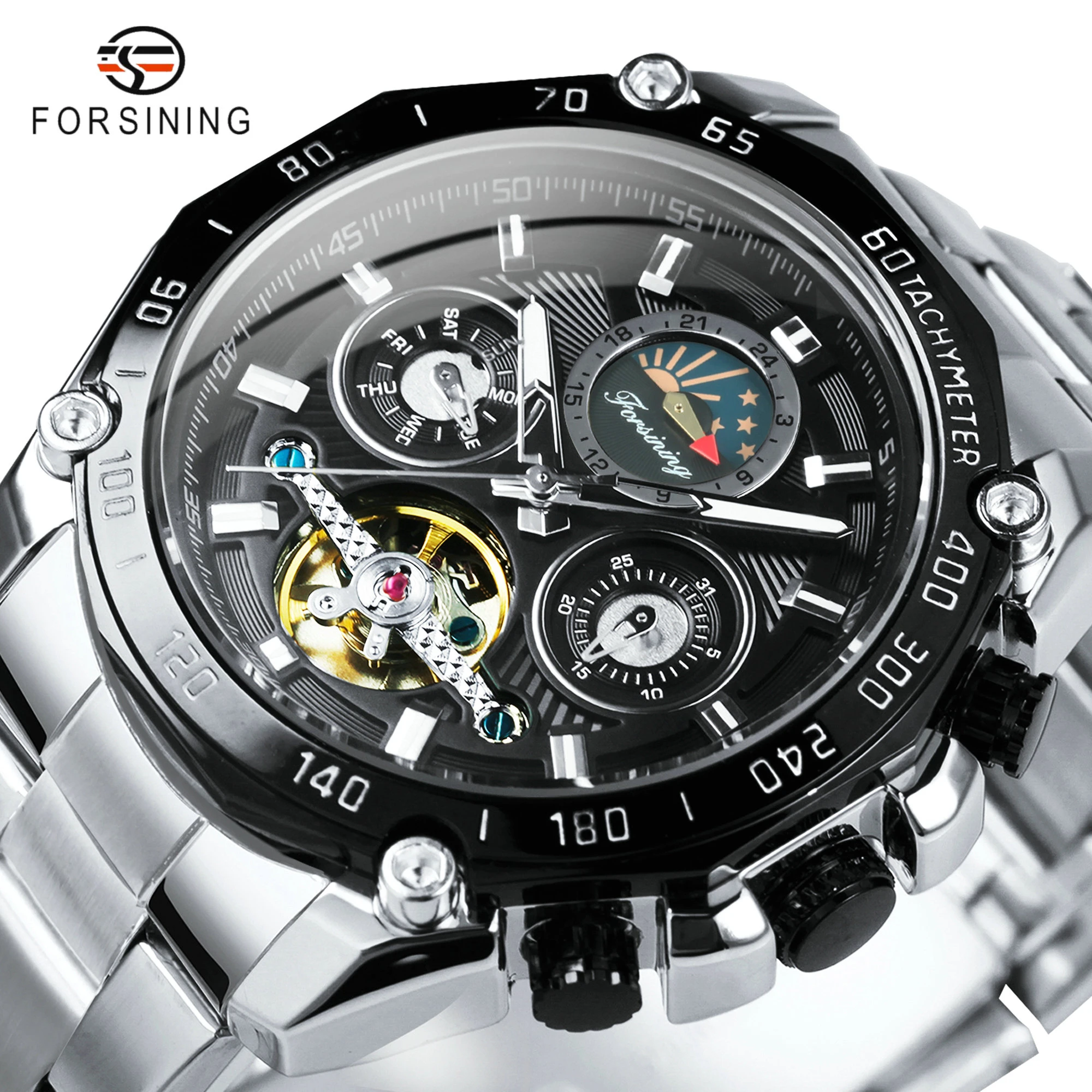 Forsining Tourbillon Watch Moon Phase Automatic Mechanical Watches Mens Multifunction Sport Wristwatches Steel Strap Relogio New